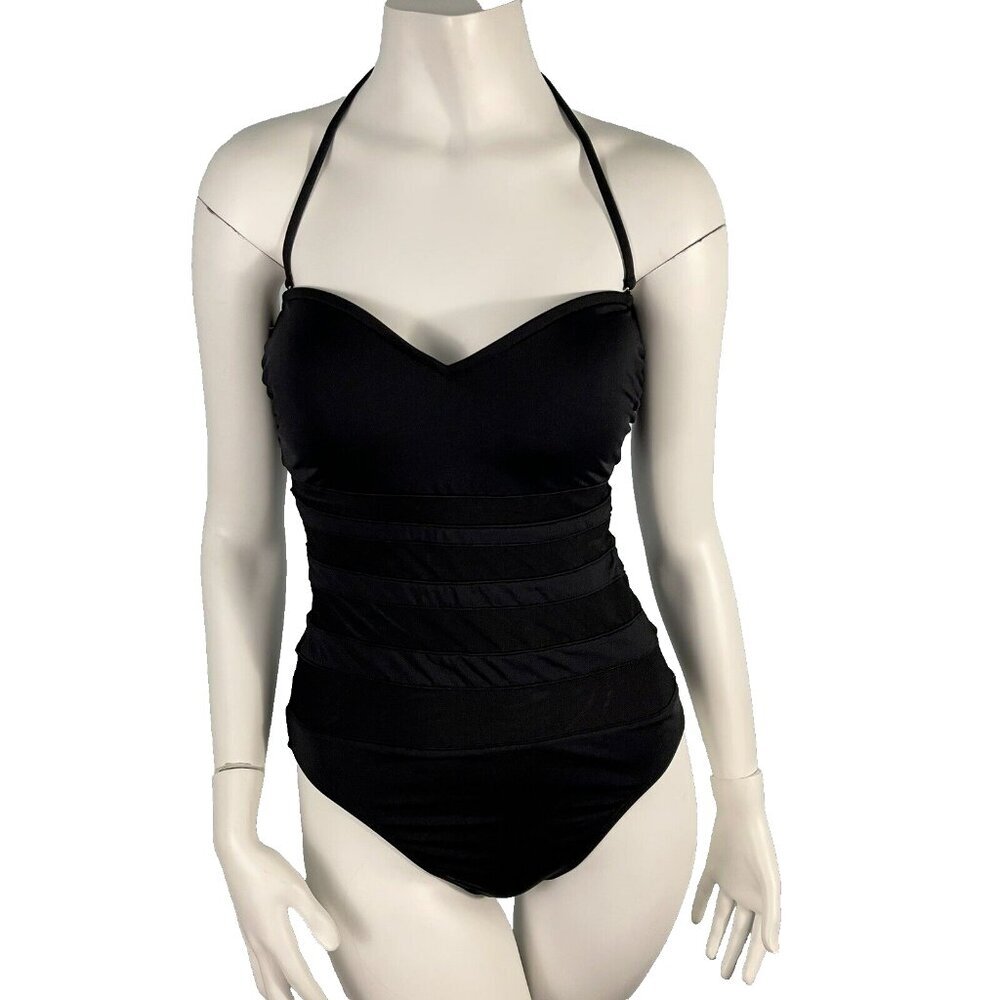 La Blanca Halter Sheer Striped Slimming One Piece Swimwear Black Size 10